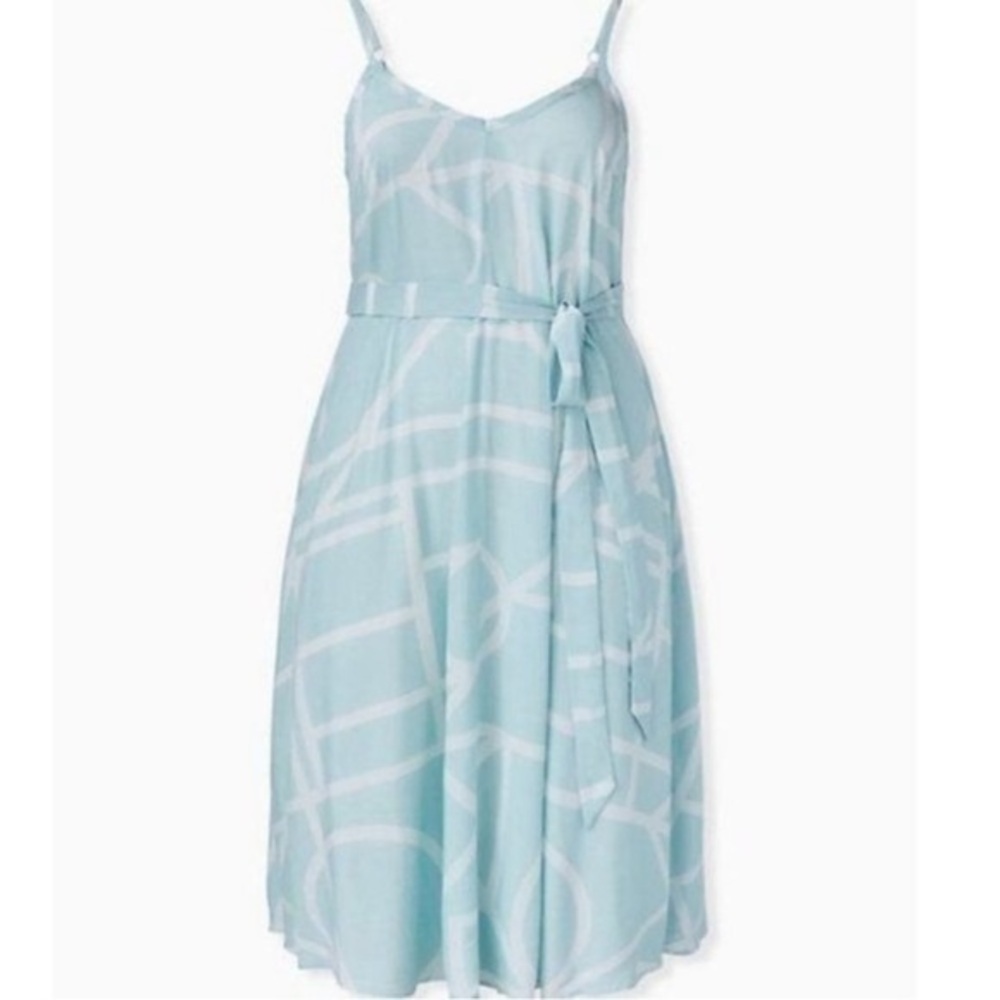 Torrid Mint Blue Geo Challis Tie Waist Midi Trapeze Dress 2X
